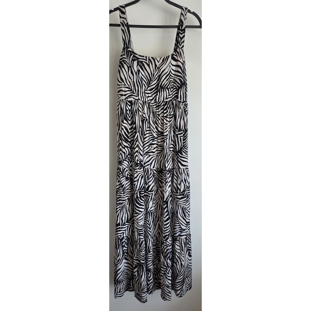 Soma Maxi Dress L Sleeveless Black White Zebra Print Women Sundress Gown Tiered